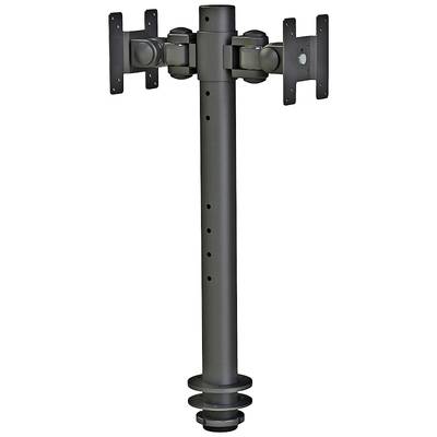 'Black dual monitor mount with adjustable arms and secure clamps for desk attachment.'