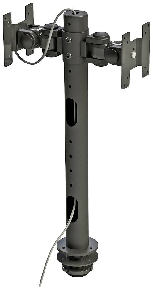 A double metal monitor stand, suitable for mounting two screens, with cable management and adjustable height.