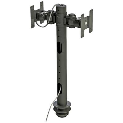 A double metal monitor stand, suitable for mounting two screens, with cable management and adjustable height.