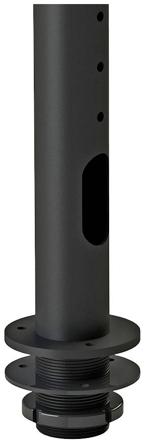 Black, cylindrical metal tube with multiple holes and a flange-like base. Possibly a component for construction.