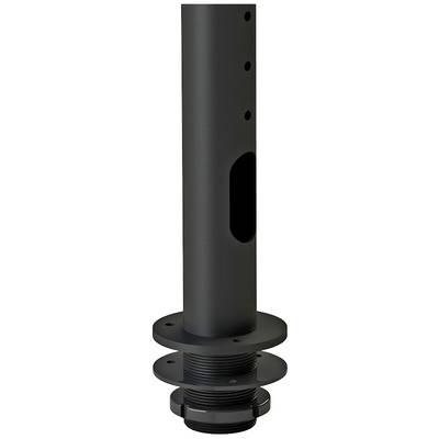 Black, cylindrical metal tube with multiple holes and a flange-like base. Possibly a component for construction.