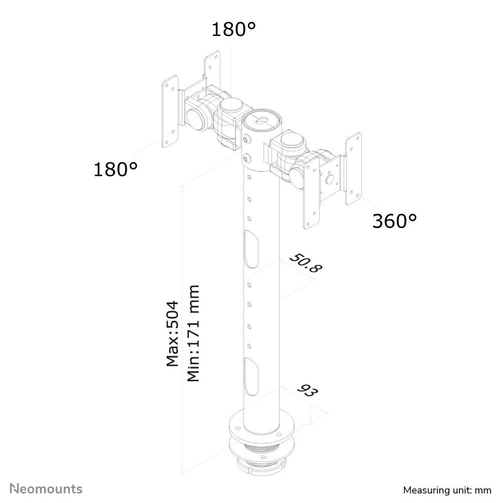 A technical drawing shows a mount with pivoting arms: horizontal 180°, vertical 360°. Dimensions: Min. 171 mm, Max. 504 mm.