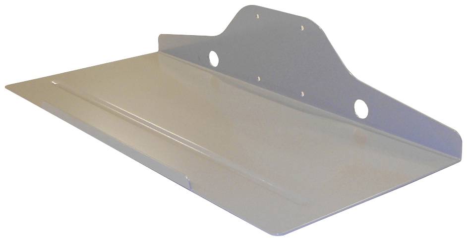 A grey metal shelving unit with a bevelled edge and mounting holes, suitable for industrial applications.
