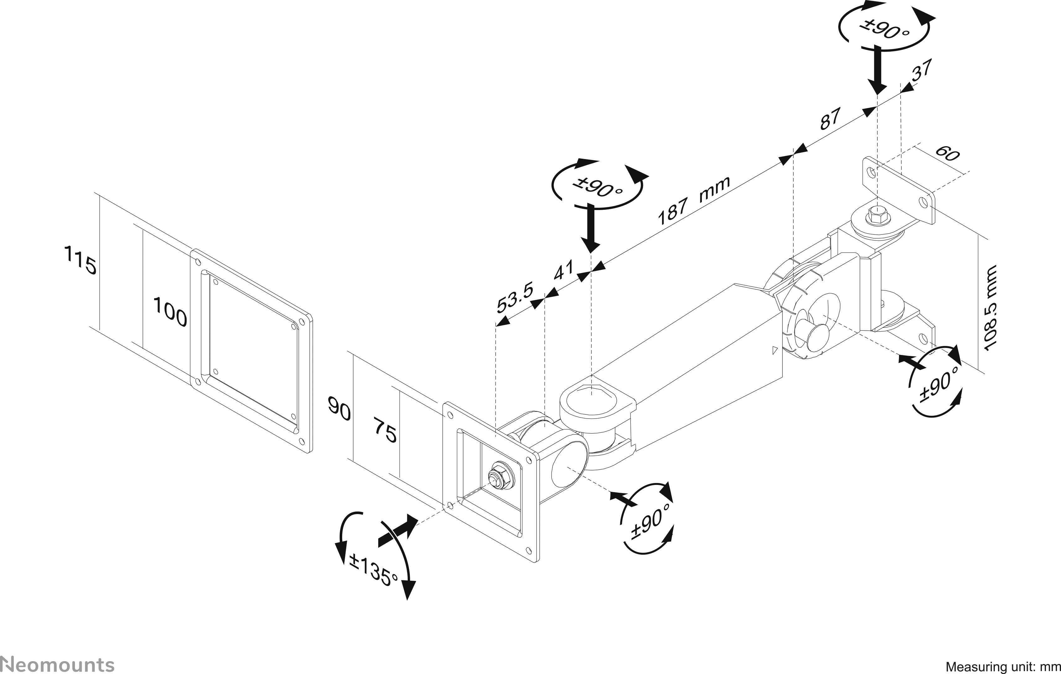 Technical drawing of an adjustable monitor arm with dimensions and angles for mounting and use. Shows rotation and tilt angles.