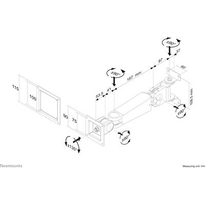 Technical drawing of an adjustable monitor arm with dimensions and angles for mounting and use. Shows rotation and tilt angles.