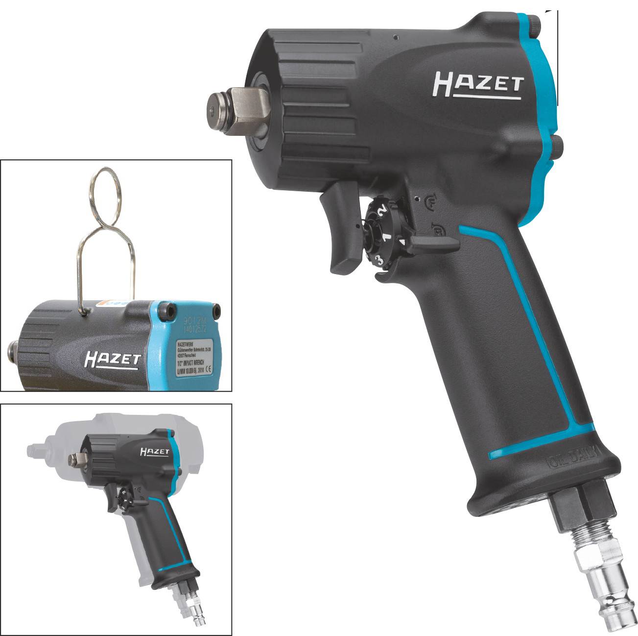Air impact wrench by Hazet, black with blue accents, side and top views visible, suitable for workshop tasks.