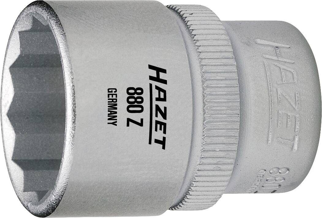 'Hazet metal socket wrench, Model 880 Z, from Germany, with a twelve-point profile and a knurled grip for improved handling.'