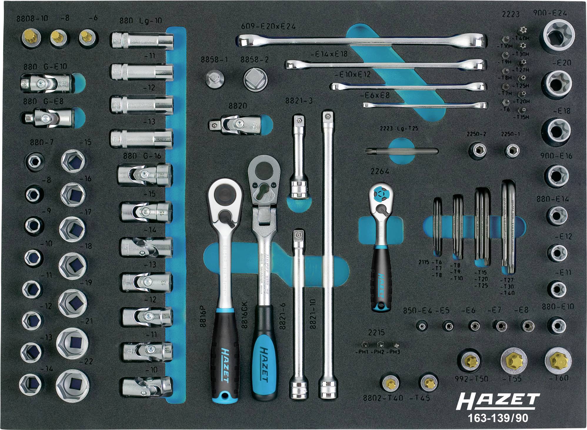 A set of Hazet brand socket wrenches and bits organized in a molded tool tray. Includes various sizes of sockets, extensions, and ratchets.