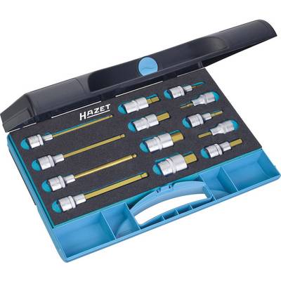 'Set of HAZET tools in an open blue case, showing various sizes of sockets and extensions in a foam insert.'