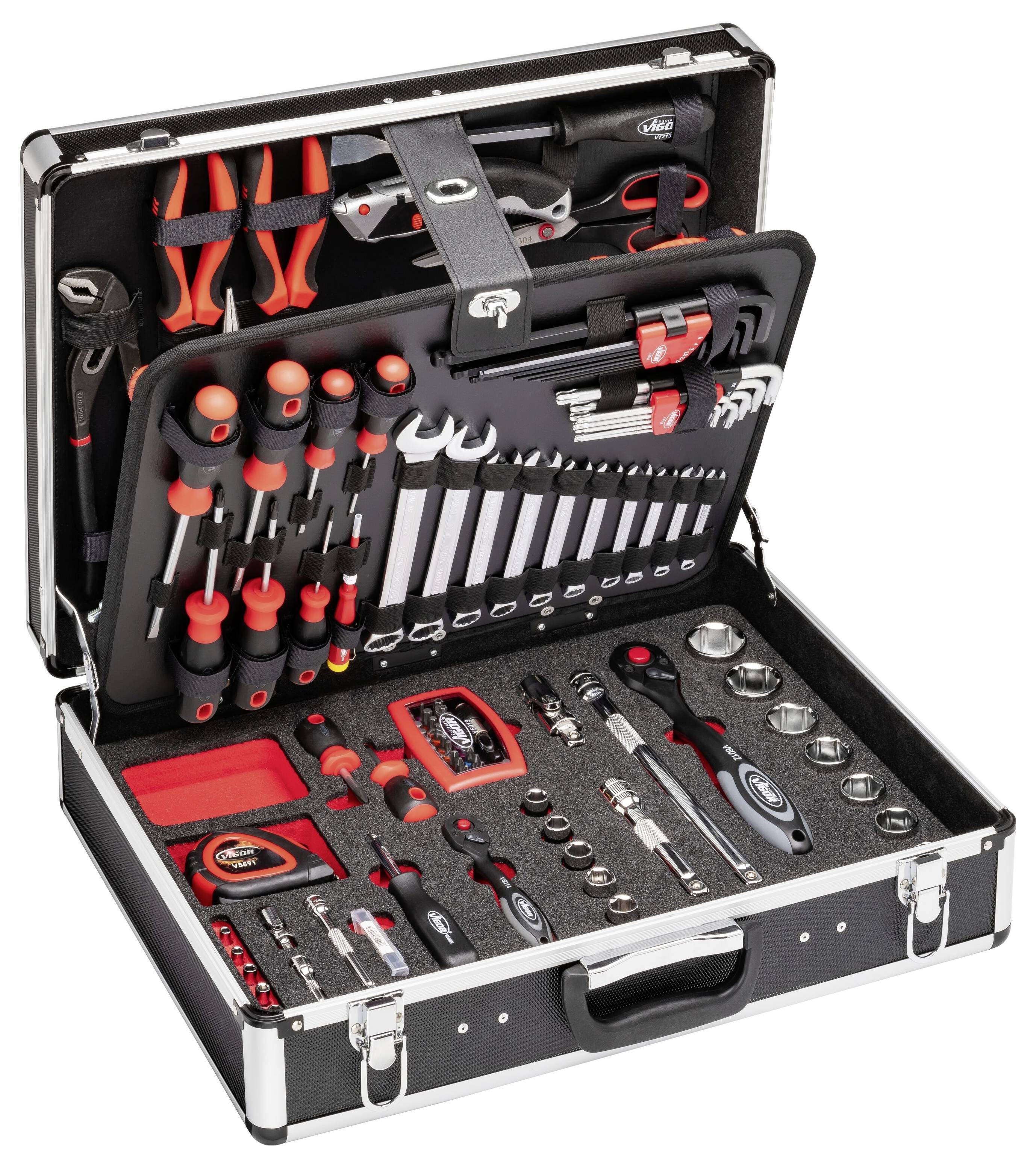 A black toolkit case open to display various tools including screwdrivers, wrenches, sockets, and pliers organized neatly in foam insets.