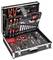 A black toolkit case open to display various tools including screwdrivers, wrenches, sockets, and pliers organized neatly in foam insets.