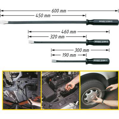 Three different long lever tools with blades and black handles by 'Hazet'. Lengths in mm shown above. Below: Applications for car repairs.