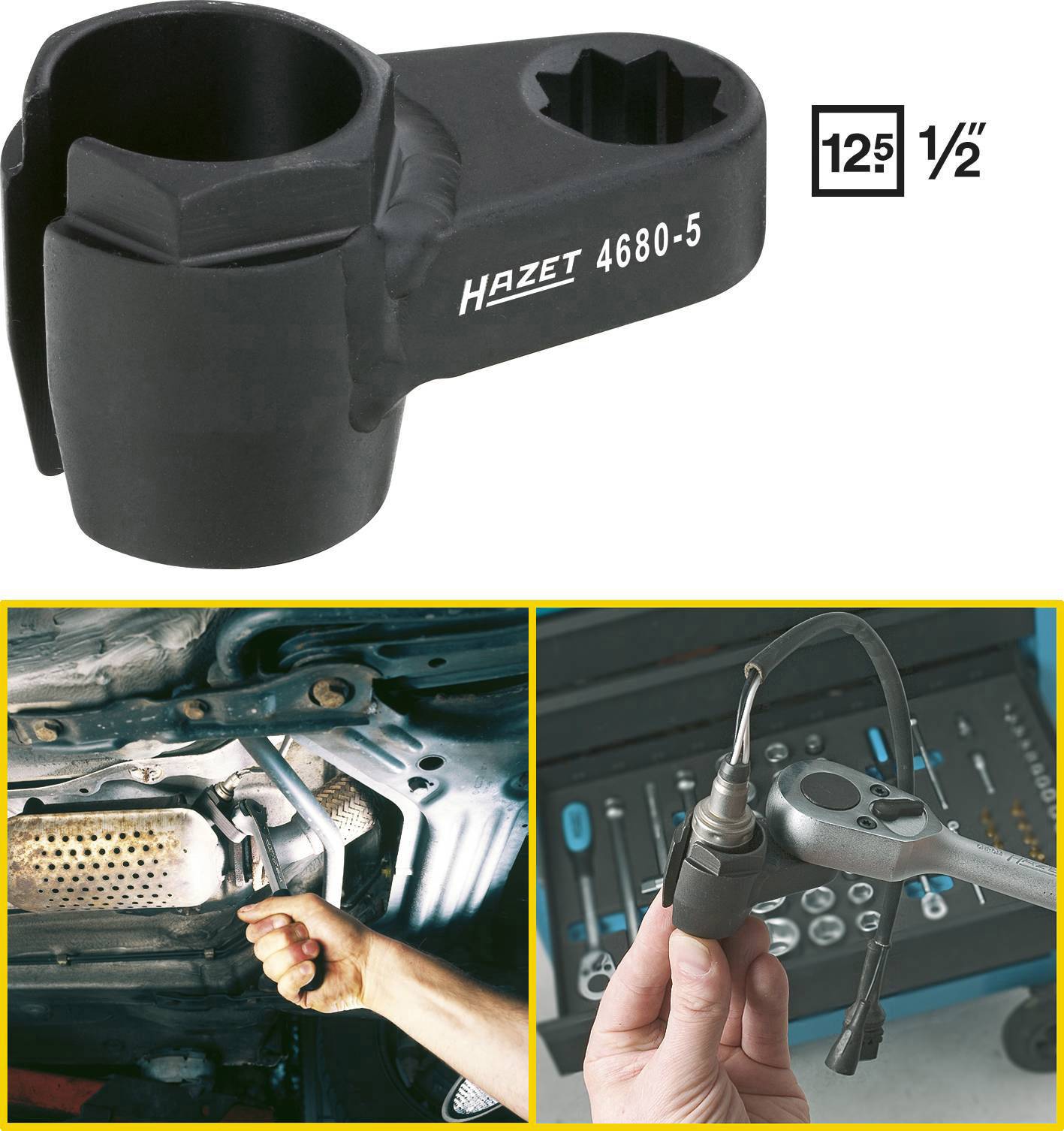 The Hazet 4680-5 lambda sensor key is shown over a probe. A mechanic is using it to remove a sensor from underneath a car.