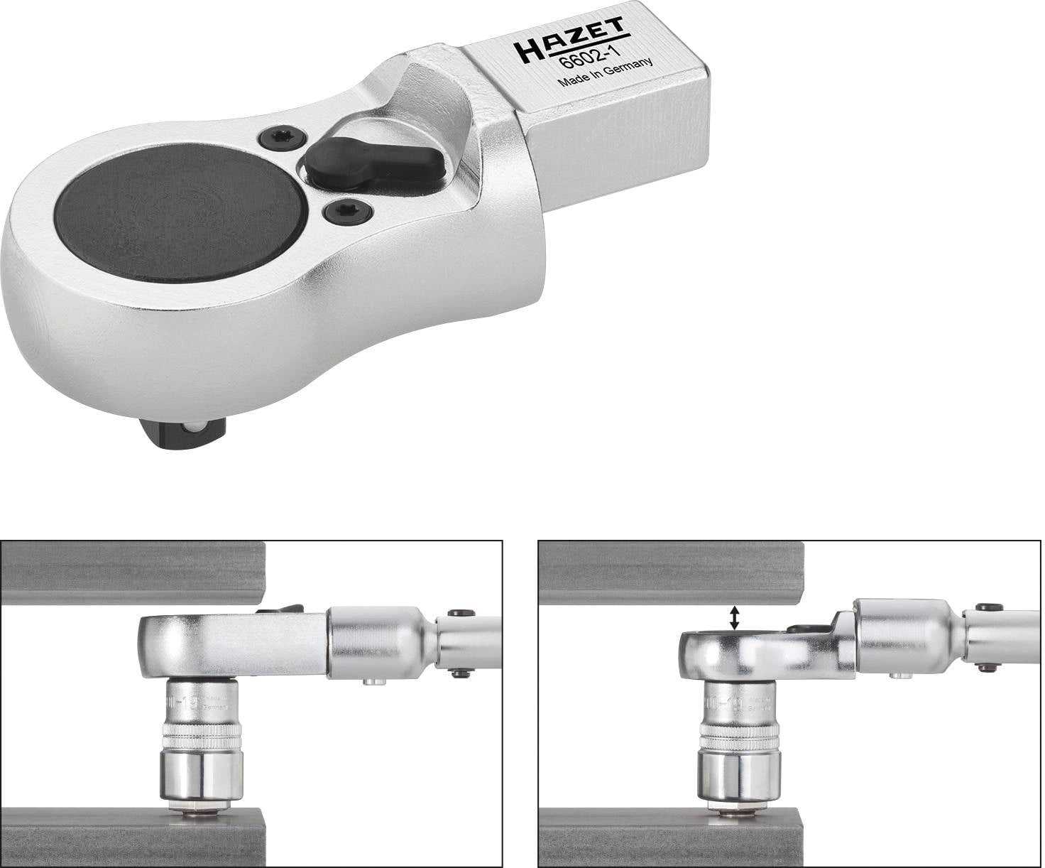Torque wrench with articulated mechanism, two perspective views. Upper image shows overall view, lower images illustrate pivoting function.