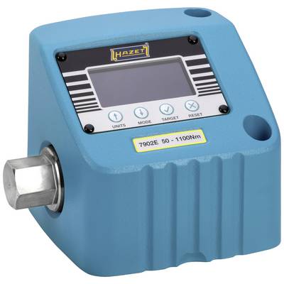 Torque measuring device in a blue housing with a digital display and control buttons. Display showing units, mode, target, and reset.