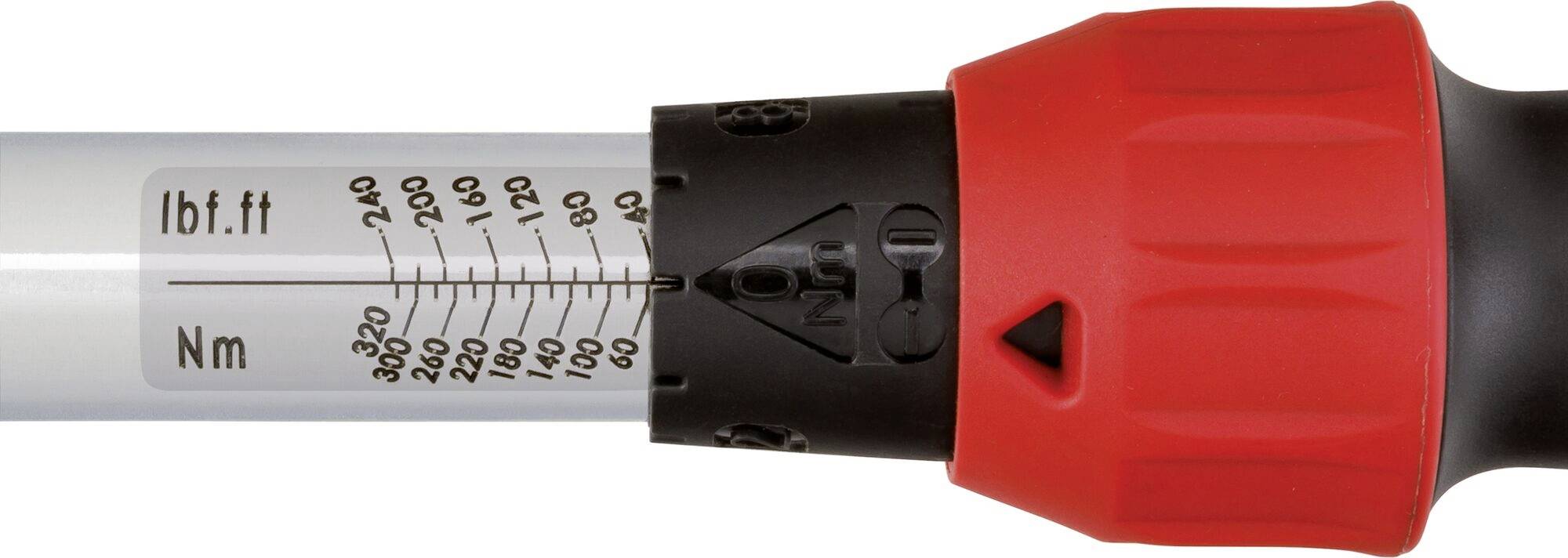 Torque wrench setting with scales in lb.ft and Nm, red handle on the right.