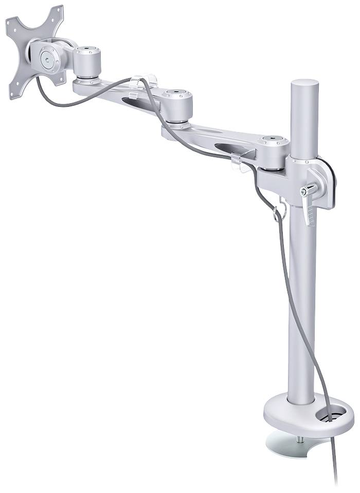 A pivoting monitor arm made of silver metal, mounted on a desk edge, with cable management clips and multiple joints for flexible positioning.