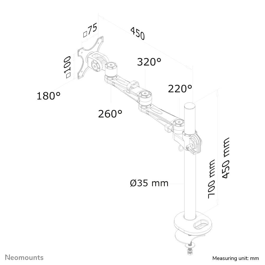 Technical drawing of a monitor arm. Length and angles of the segments are indicated. Height-adjustable pole from 450 mm to 700 mm.