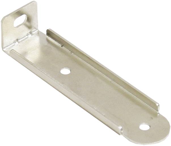 Metal angle bracket with three holes, suitable for mounting or fastening purposes.