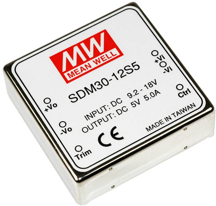 'MEAN WELL SDM30-12S5', a DC-DC converter with an input range of 9.2-18V and output of 5V, 5A, manufactured in Taiwan.