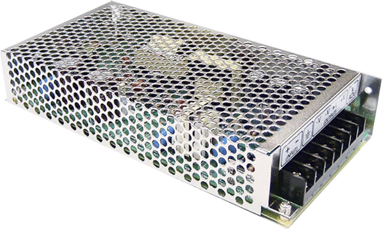 A rectangular power supply with a perforated metal enclosure that serves for ventilation. It has multiple connection terminals on the front.