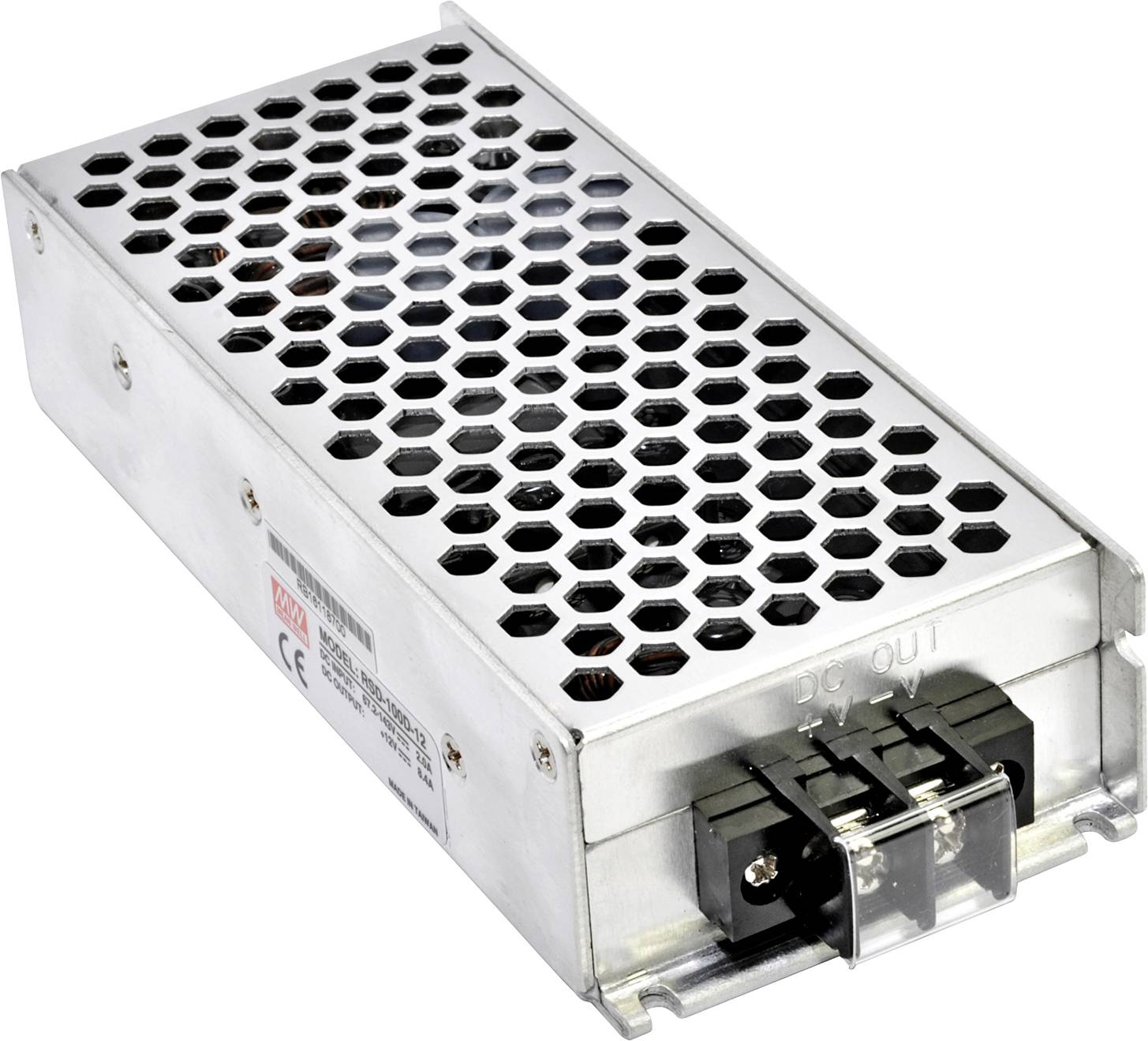 A rectangular, silver power supply in a metal enclosure with a honeycomb pattern, showing visible screw terminals and ventilation slots.