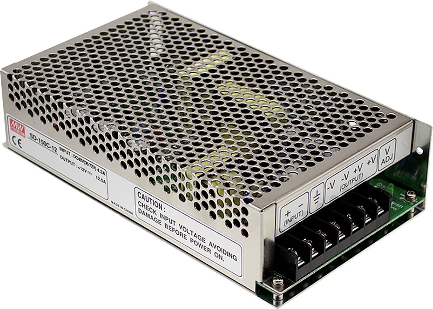 Metallic power supply enclosure with ventilation holes. Label reads: 'CAUTION: CHECK INPUT VOLTAGE TO AVOID DAMAGE BEFORE POWERING ON'.