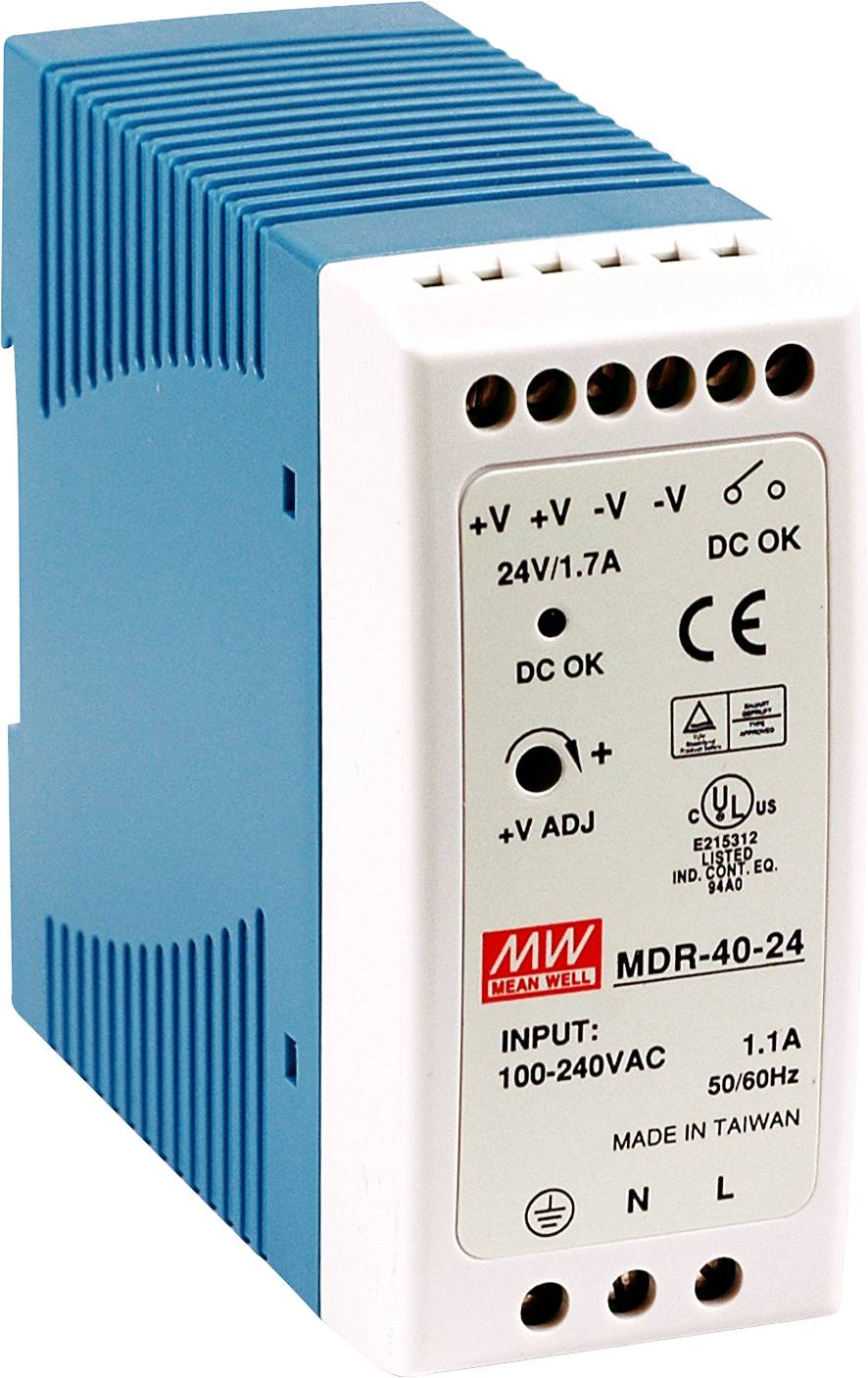 Power supply unit, blue and white housing, marked 'MW', input 100-240VAC, output 24V/1.7A, for industrial applications.