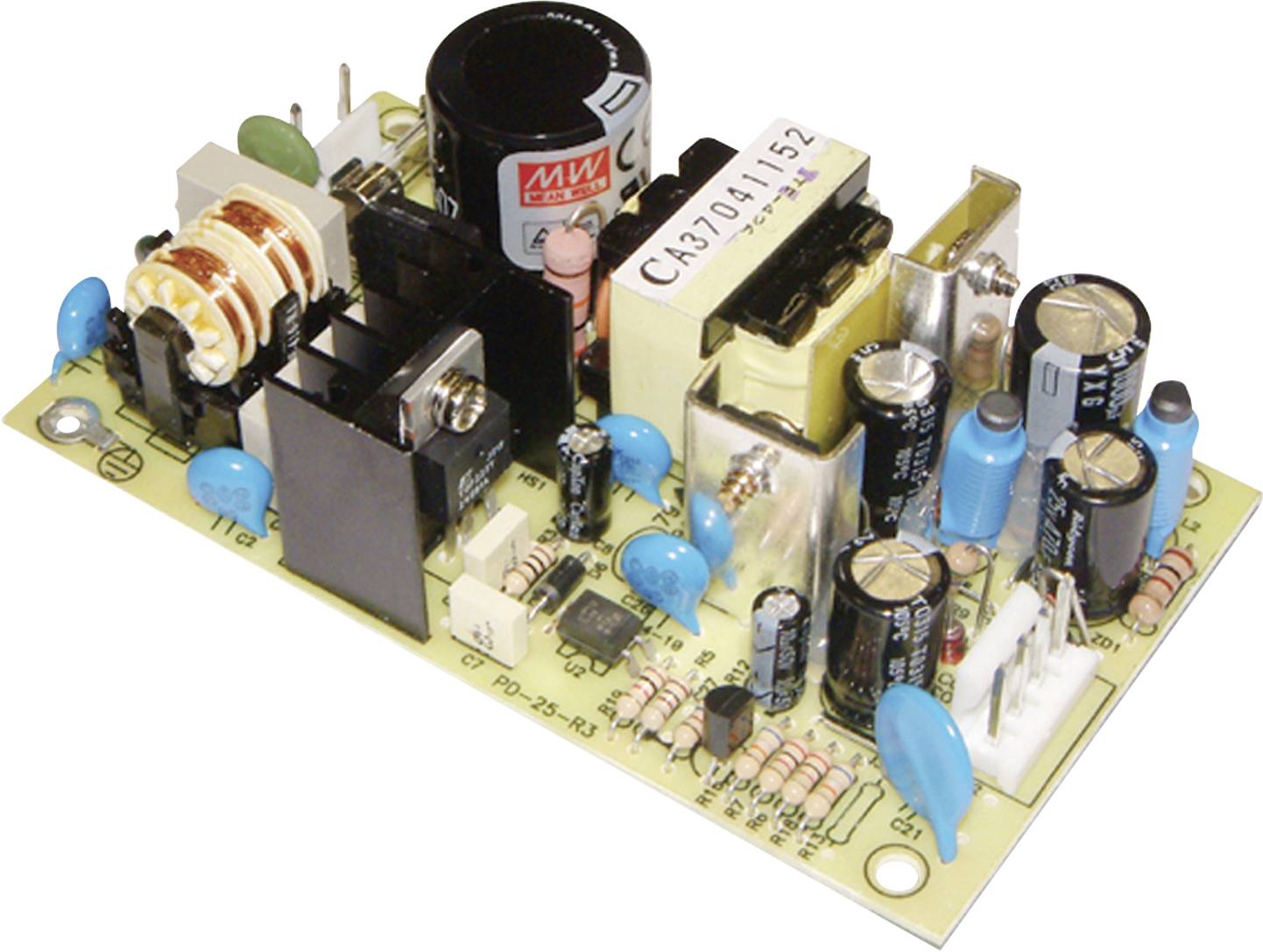 A circuit board with various electrical components such as capacitors, resistors, and connectors, which are mounted closely together.