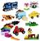 Several colourful Lego models, including a train, a car, animals, plants, and a windmill, displayed on a light background.