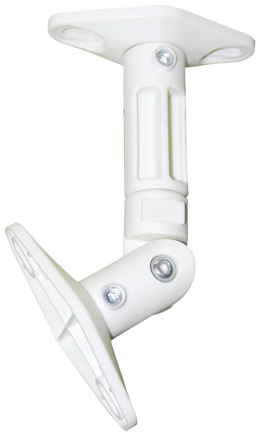 White ceiling mount for speakers, with adjustable joint and fixing screws, suitable for various mounting options.