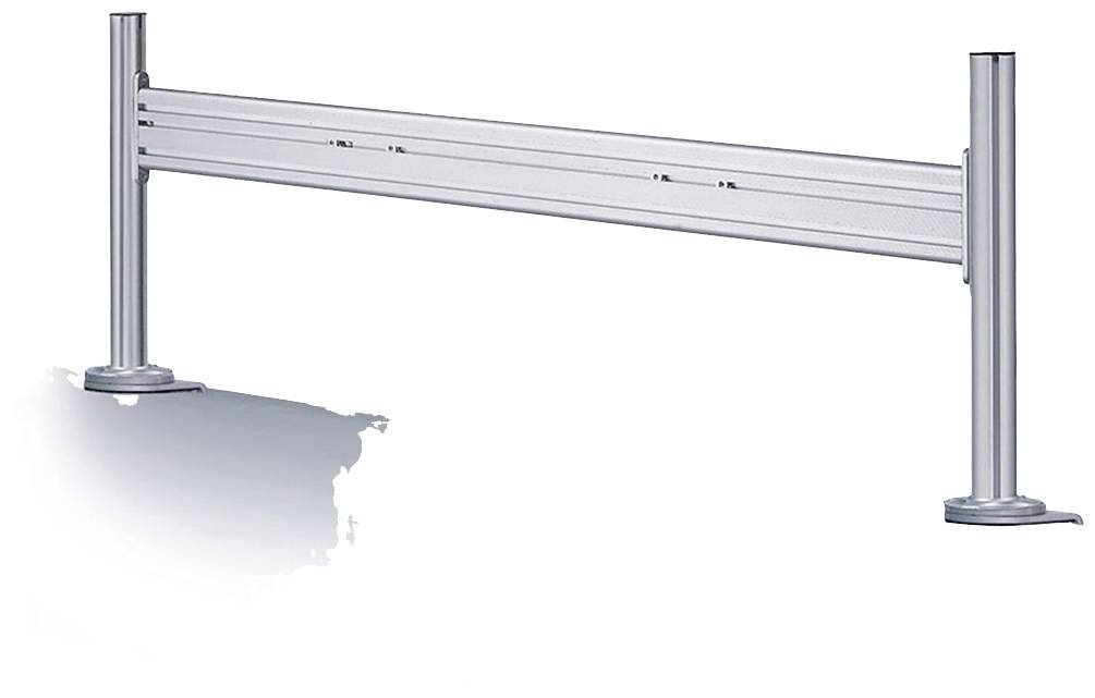 Metallic safety barrier with two vertical supports and a horizontal beam. Ideal for industrial applications.