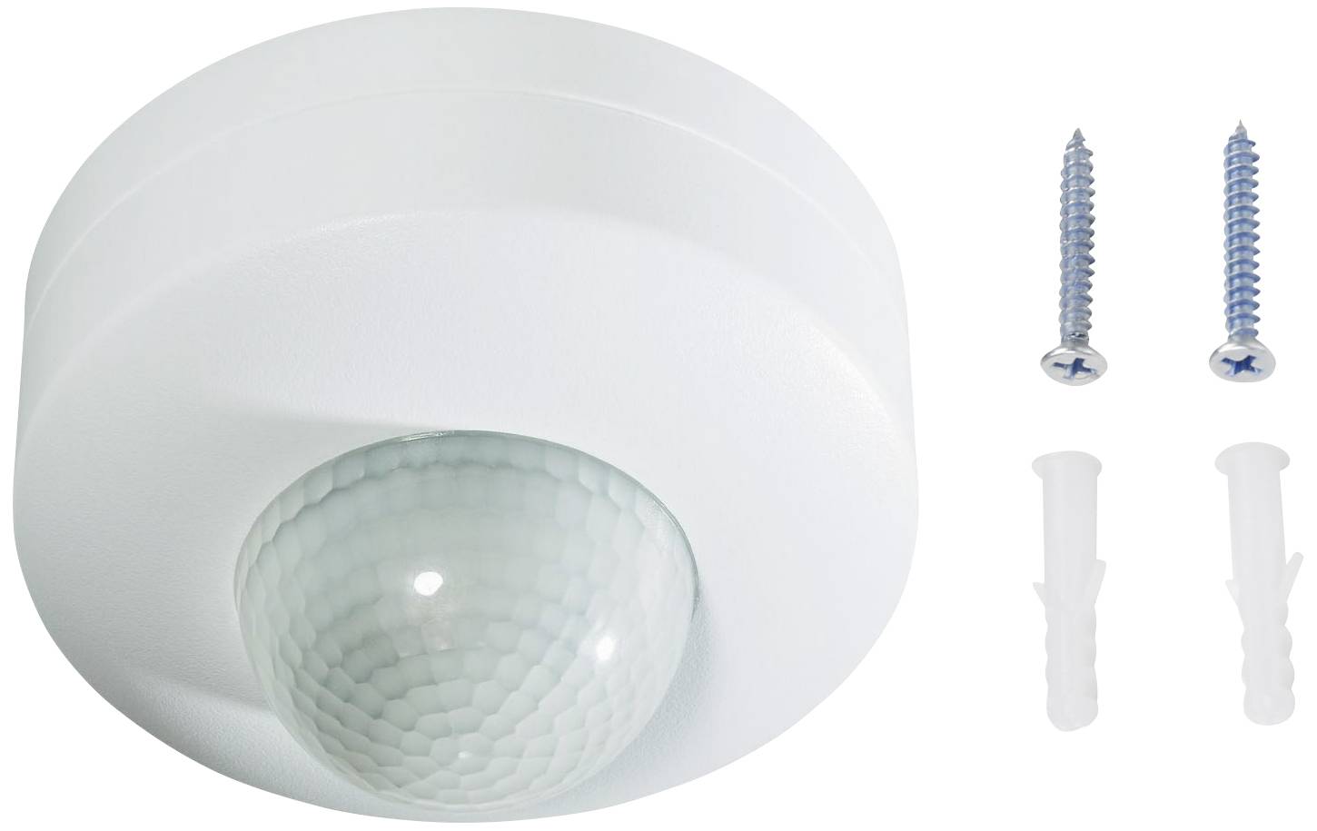 A round, white motion sensor with a dome-shaped lens element, alongside two screws and wall plugs for mounting.