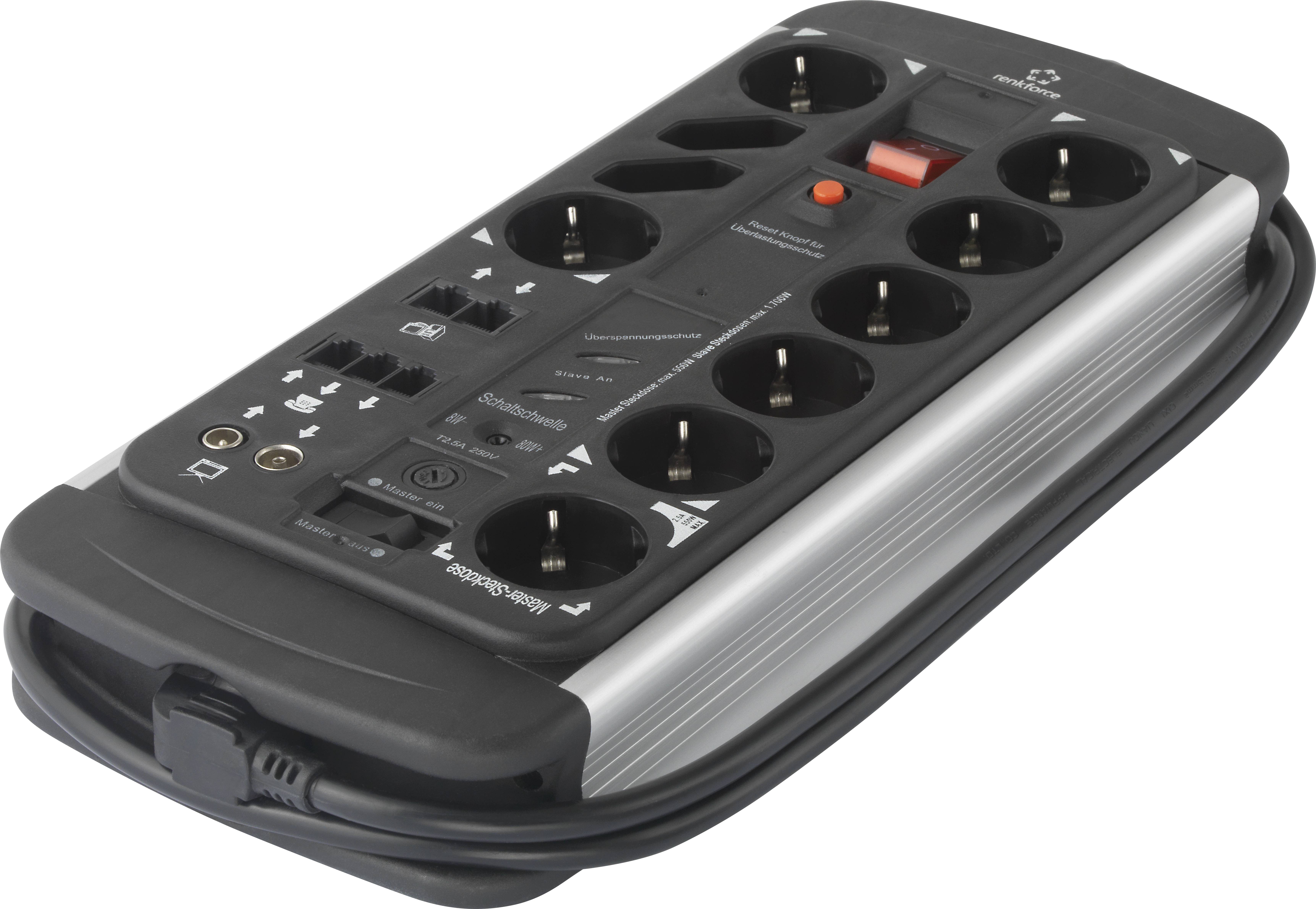 An eight-socket extension lead with surge protection, suitable for connecting multiple electronic devices.