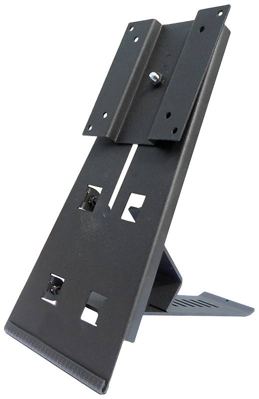 'Black TV stand with rectangular base and tilt adjustment, suitable for wall-mounting screens.'
