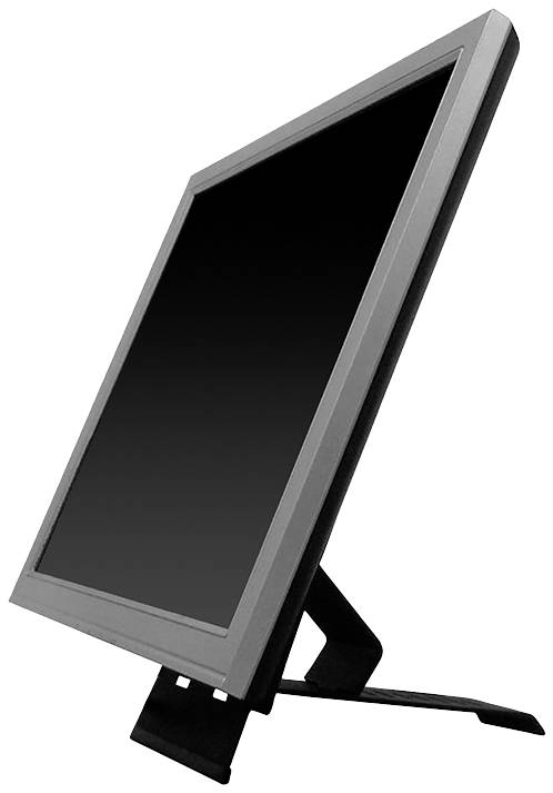 A black computer monitor with a silver frame stands sideways on an angled stand.