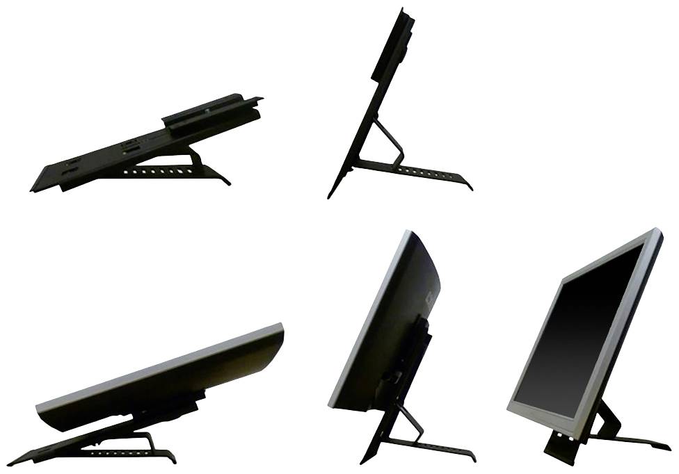 Five views of a computer monitor on an adjustable stand, shown from various tilt angles.