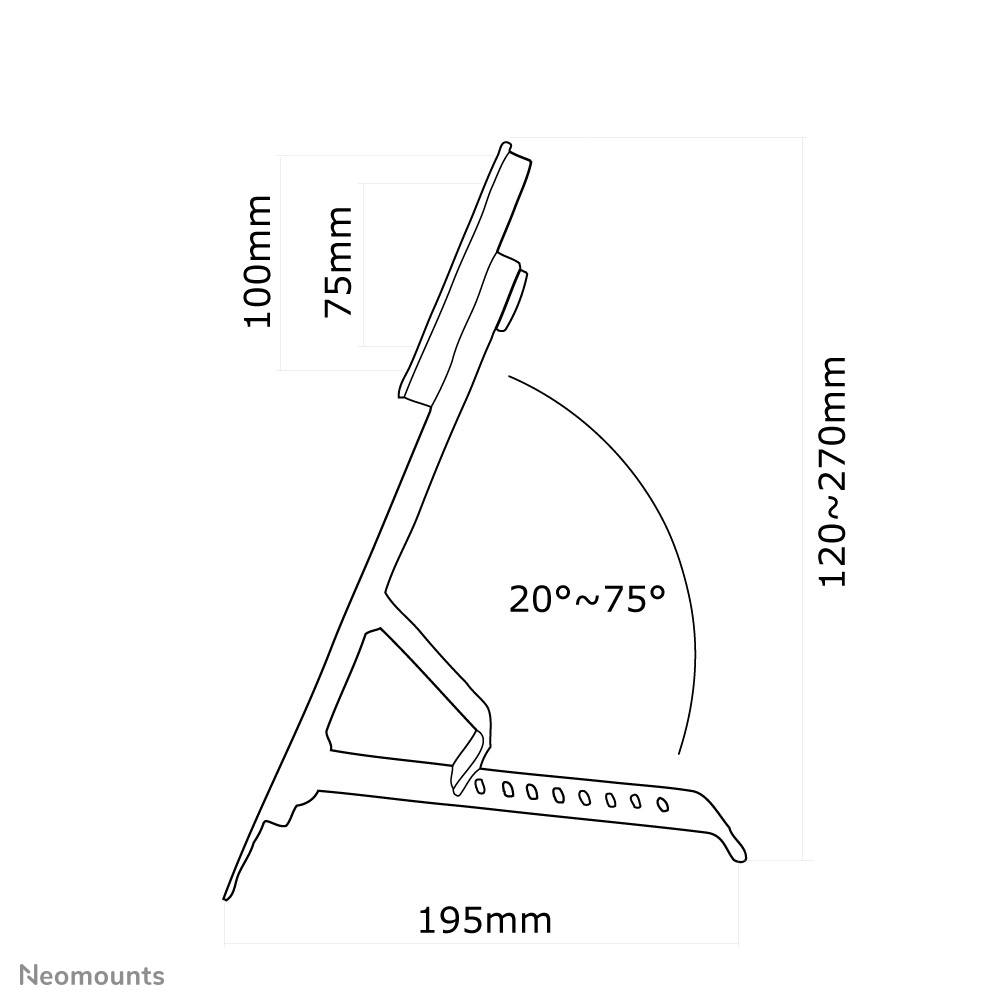 'Side view of an adjustable laptop stand with an angle range of 20 to 75 degrees. Dimensions: 195mm (width), 100mm–120mm (height).'