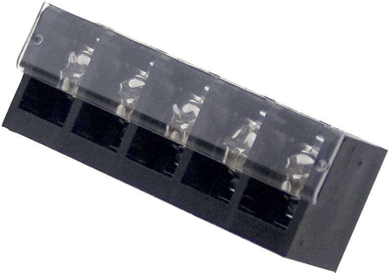 A black electrical junction block with a transparent plastic cover, offering five slots for cable connections.