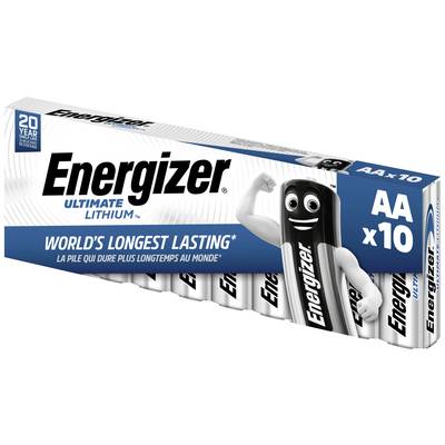Pack of ten Energizer Ultimate Lithium AA batteries. Printed with 'WORLD'S LONGEST LASTING', featuring a smiling mascot.