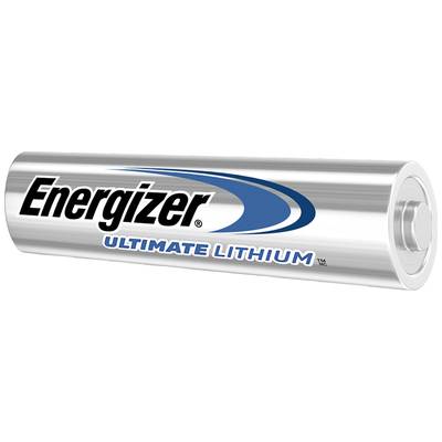 Energizer lithium battery lying on its side, with blue and black logo. Label reads: 'Ultimate Lithium'.
