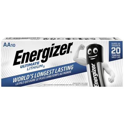 Energizer Ultimate Lithium AA Battery Pack with Mascot. Highlighted: 'World's Longest Lasting', 20-Year Shelf Life.