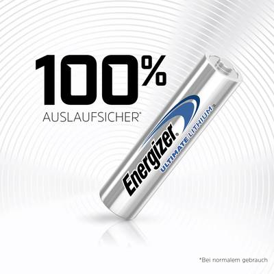 An Energizer Ultimate Lithium Battery stands upright. Text: 100% leak-proof. Note at bottom: Under normal use.