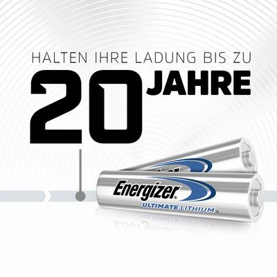 Energizer Lithium Batteries with the inscription 'Keeps Your Charge Up to 20 Years'. Product image showing two batteries.