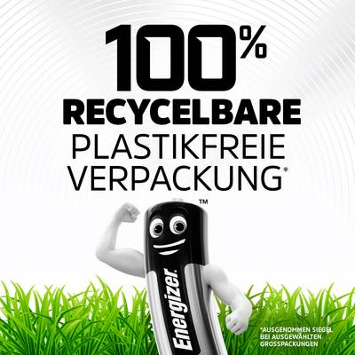 Battery with character holds raised fist in front of green grass. Text: '100% recyclable plastic-free packaging'.