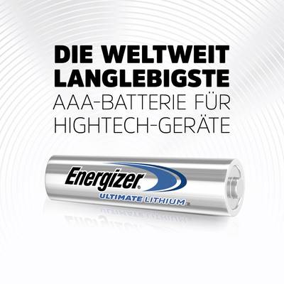 Energizer Ultimate Lithium AAA Batteries, marketed as 'The World's Longest-Lasting AAA Battery for High-Tech Devices'.