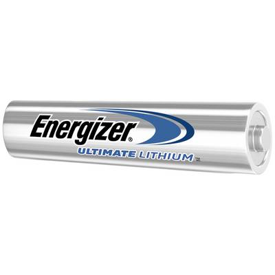 A silver AA Energizer Ultimate Lithium battery, lying on its side with the logo and label visible.