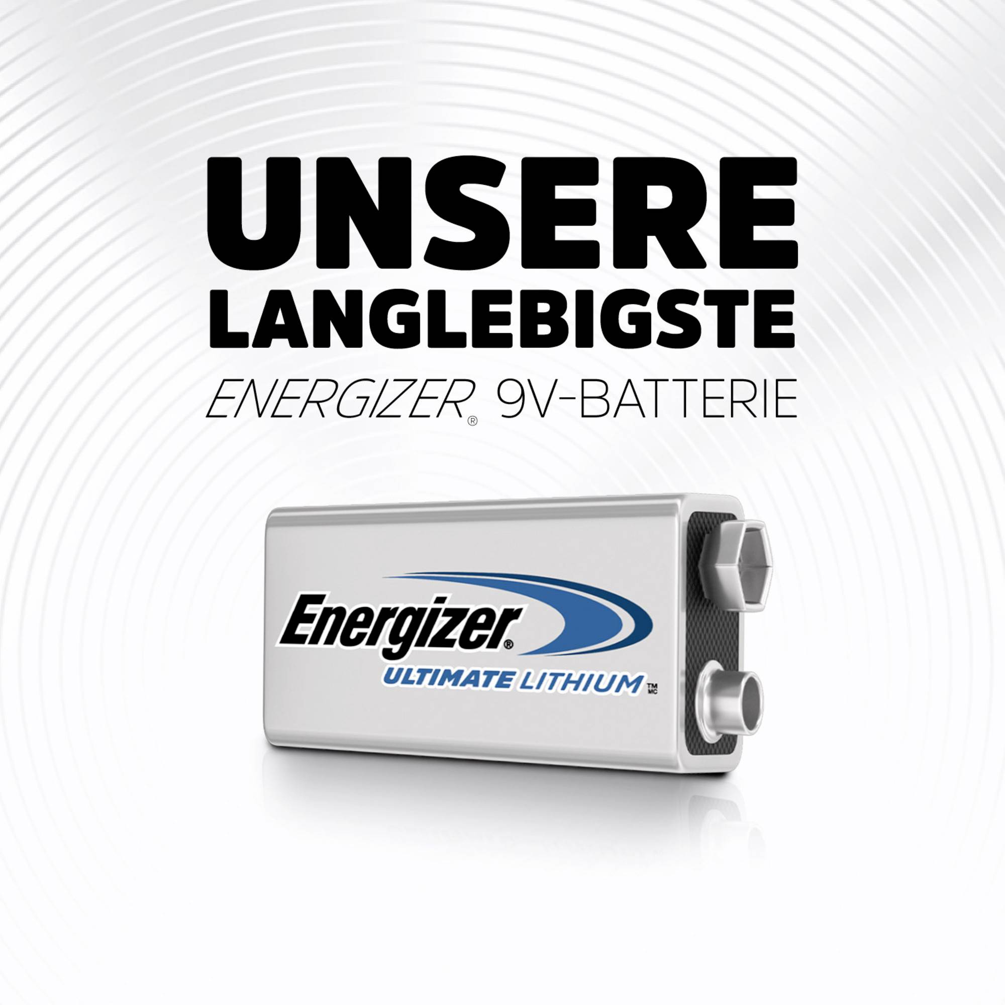 'Our longest-lasting 9V Energizer battery' sits above an image of the battery, emphasising its durability and brand.