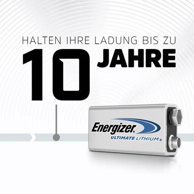 Battery advertisement with text 'Retains Your Charge for Up to 10 Years'. Energizer Lithium battery pictured.