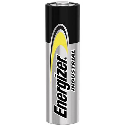 A silver Energizer industrial battery with a black and yellow logo, suitable for industrial applications.